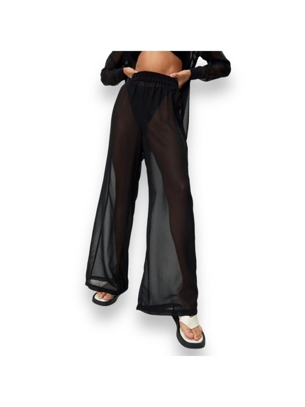 Nasty Gal Chiffon Wide Leg Beach Trouser Sheer Black Pants Women’s Size 6 NWT